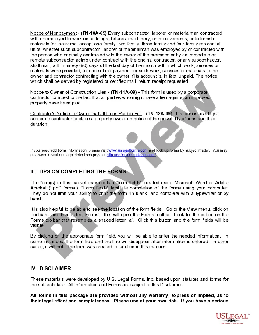 Preview Tennessee Construction or Mechanics Lien Package - Corporation