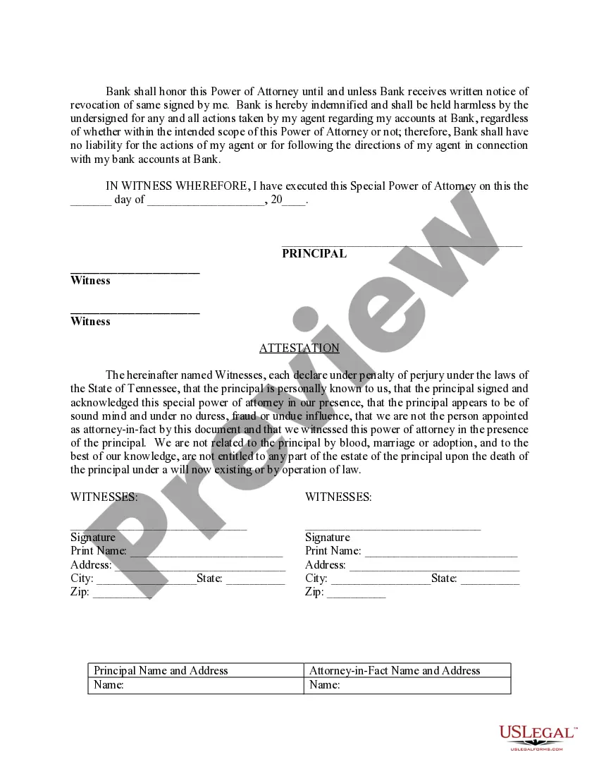 Preview Special Durable Power of Attorney for Bank Account Matters
