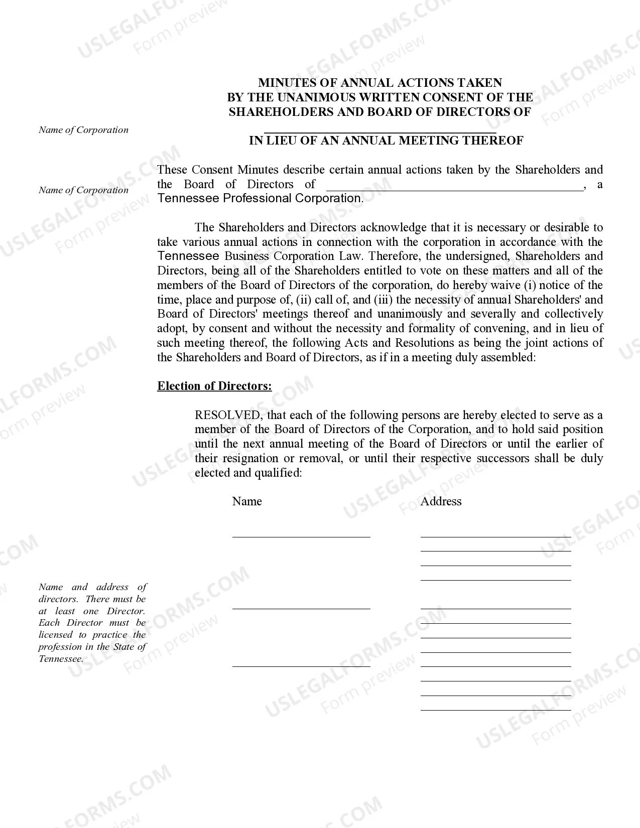 Preview Annual Minutes for a Tennessee Professional Corporation