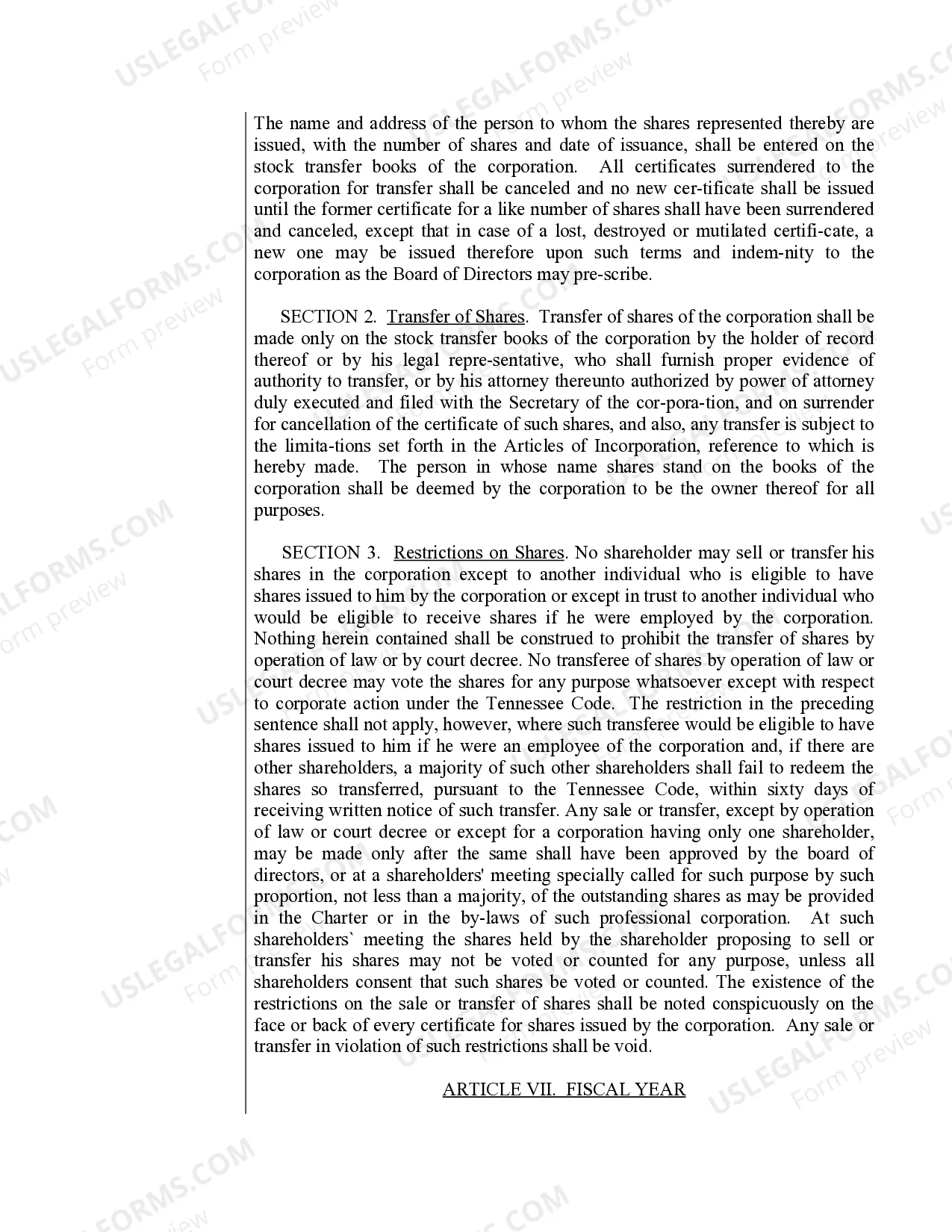 Preview Sample Bylaws for a Tennessee Professional Corporation