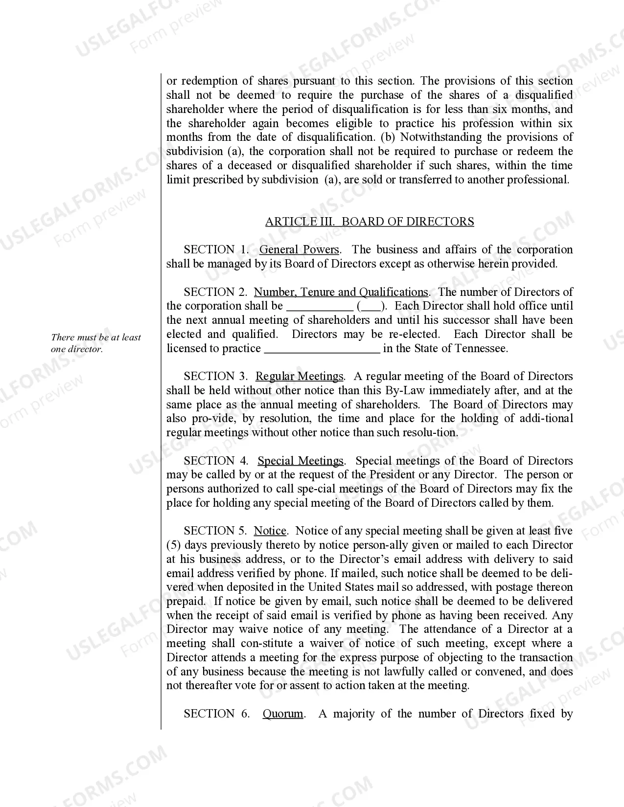 Preview Sample Bylaws for a Tennessee Professional Corporation