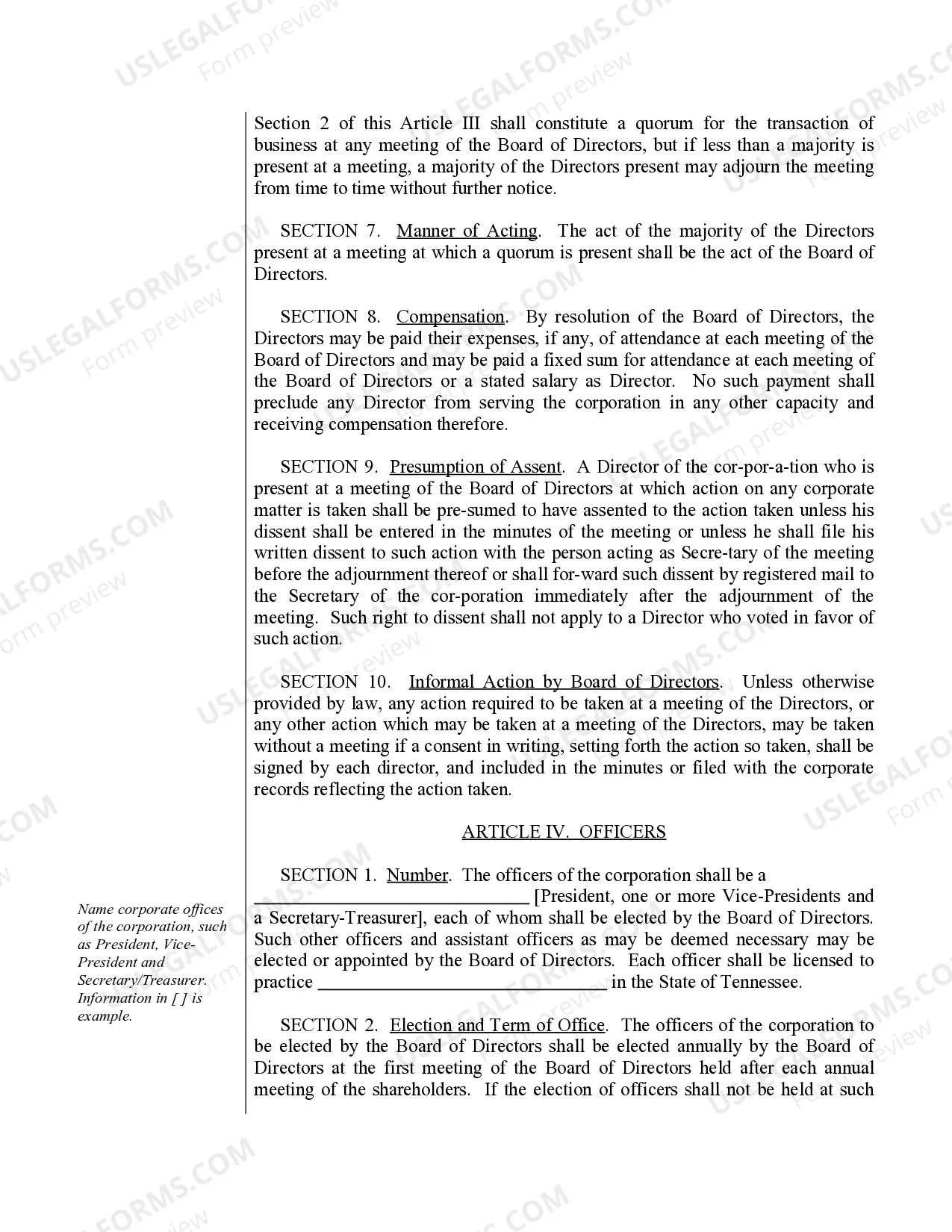 Preview Sample Bylaws for a Tennessee Professional Corporation