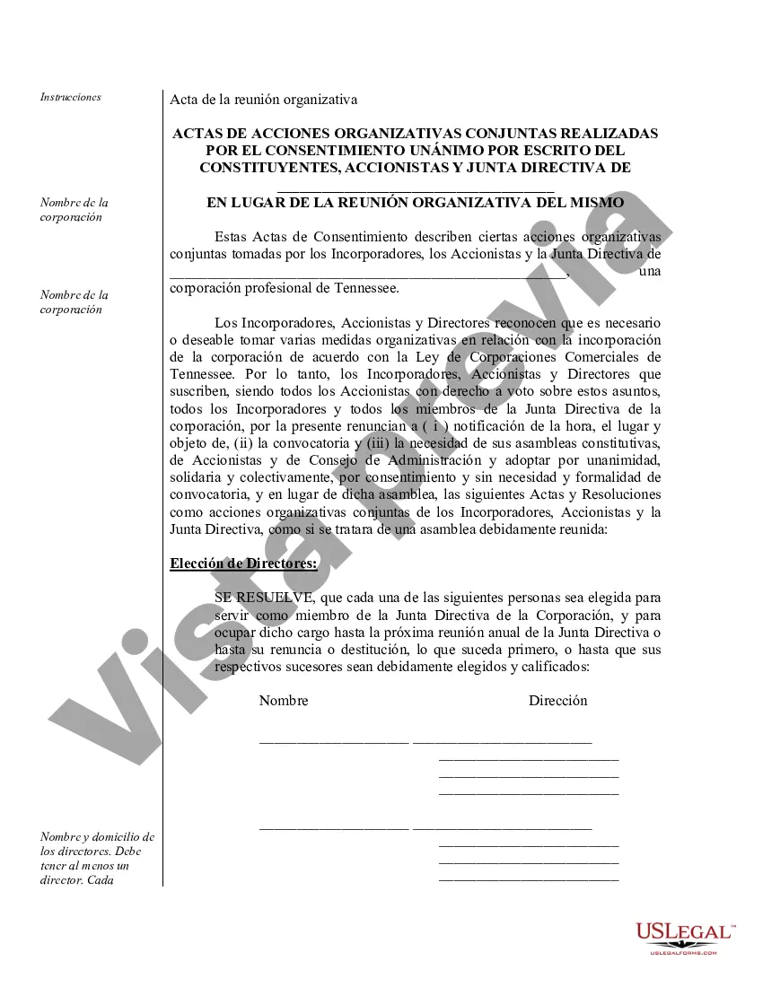 Preview Actas de organización para una corporación profesional de Tennessee