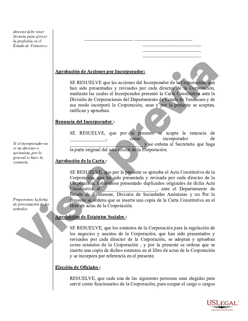 Preview Actas de organización para una corporación profesional de Tennessee