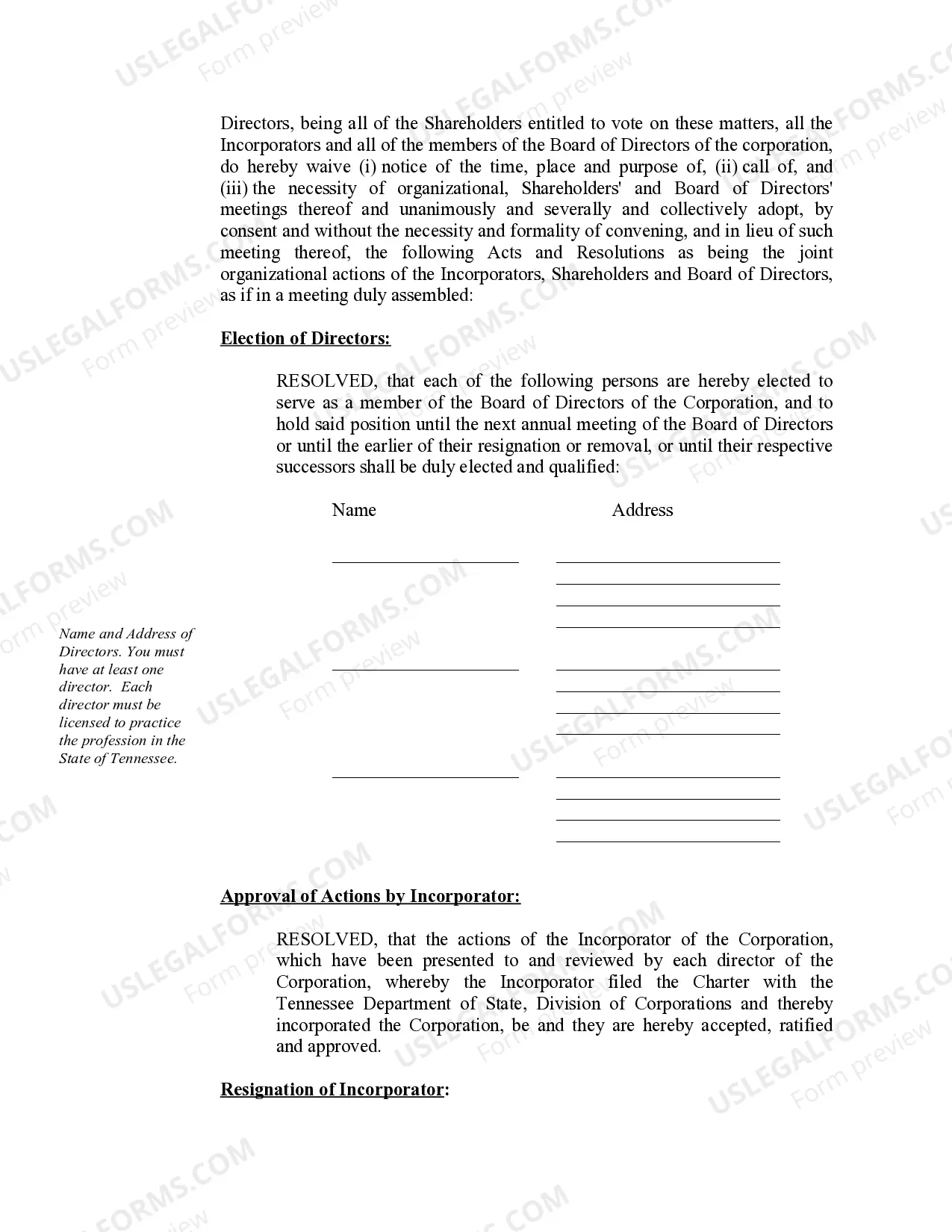 Preview Organizational Minutes for a Tennessee Professional Corporation