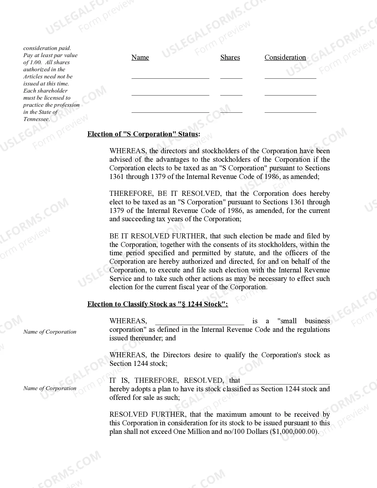 Preview Organizational Minutes for a Tennessee Professional Corporation