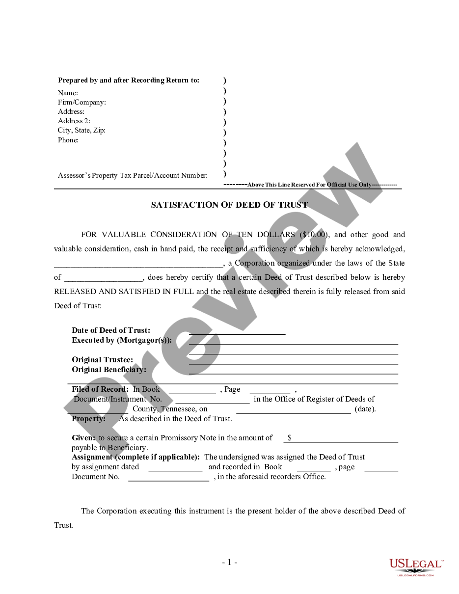 form Release - Satisfaction - Cancellation of Deed of Trust - by Corporate Lender preview