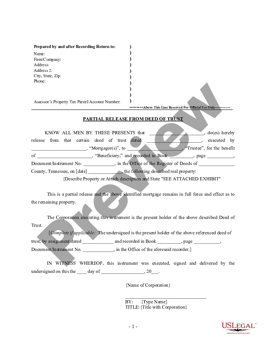 Tennessee Partial Release of Property From Deed of Trust for ...