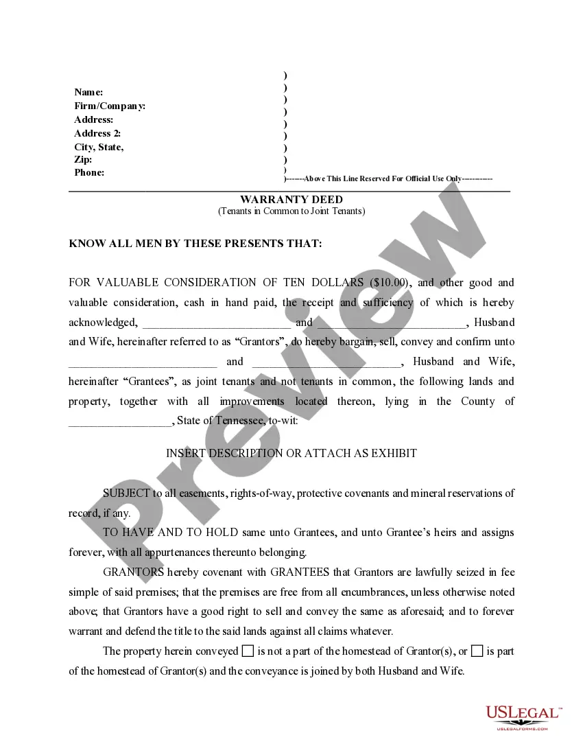 Preview Warranty Deed for Husband and Wife Converting Property from Tenants in Common to Joint Tenancy