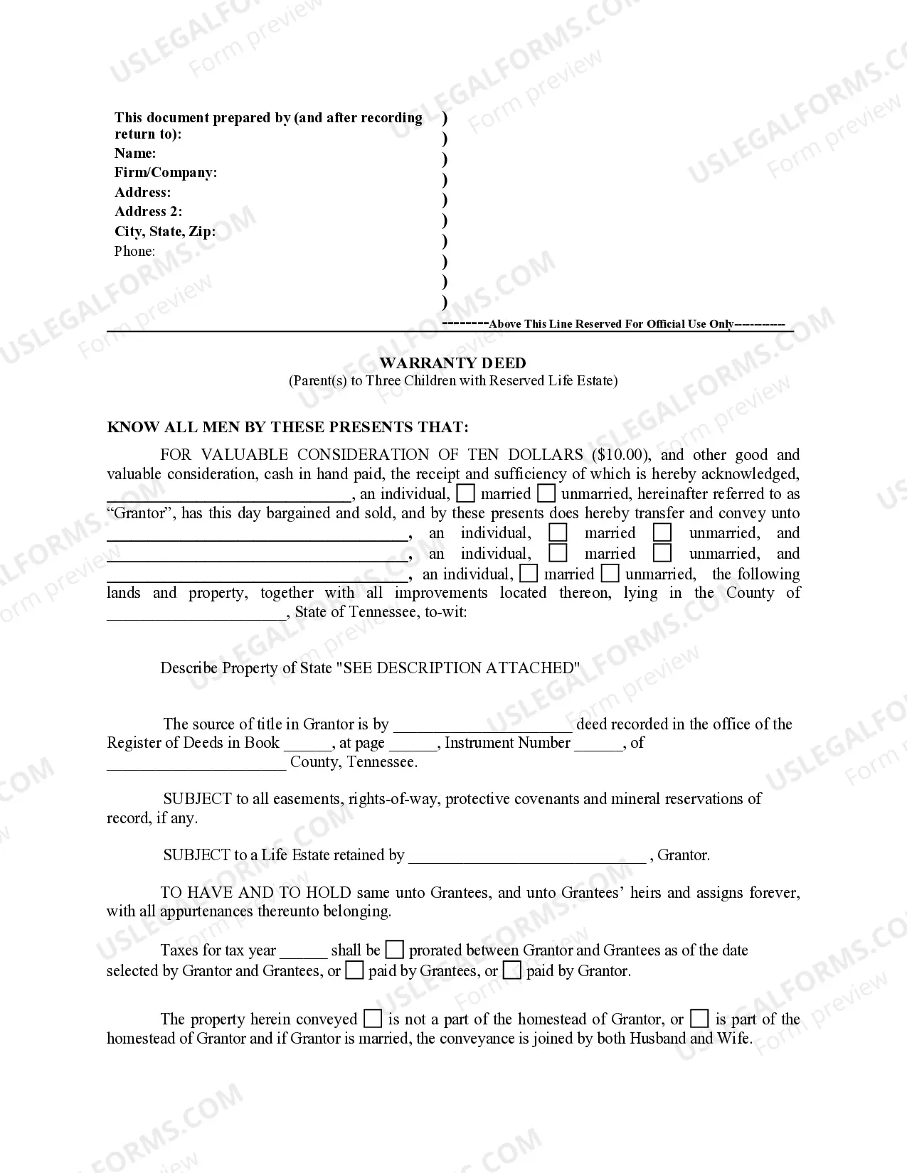 Preview Warranty Deed for Parents to Child with Reservation of Life Estate