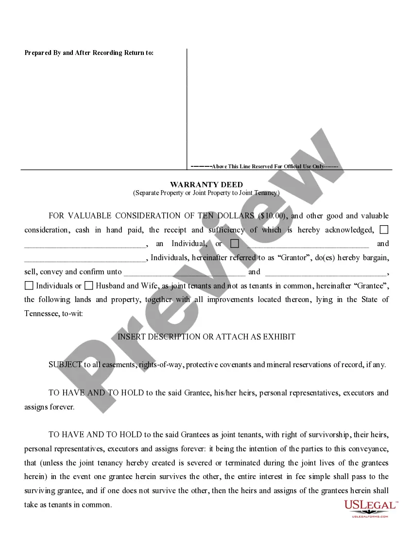Get Warranty Deed for Separate or Joint Property to Joint Tenancy Preview Warranty Deed for Separate or Joint Property to Joint Tenancy