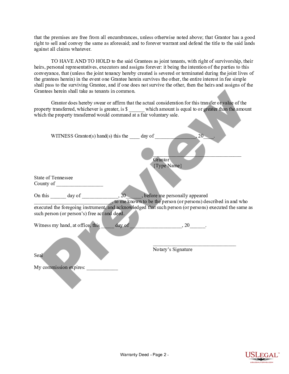 form Warranty Deed for Separate Property of One Spouse to Both Spouses as Joint Tenants preview