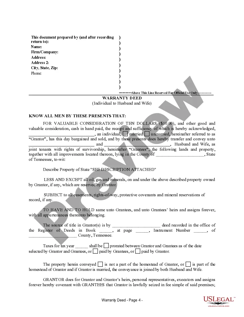 Get Warranty Deed for Separate Property of One Spouse to Both Spouses as Joint Tenants Preview Warranty Deed for Separate Property of One Spouse to Both Spouses as Joint Tenants