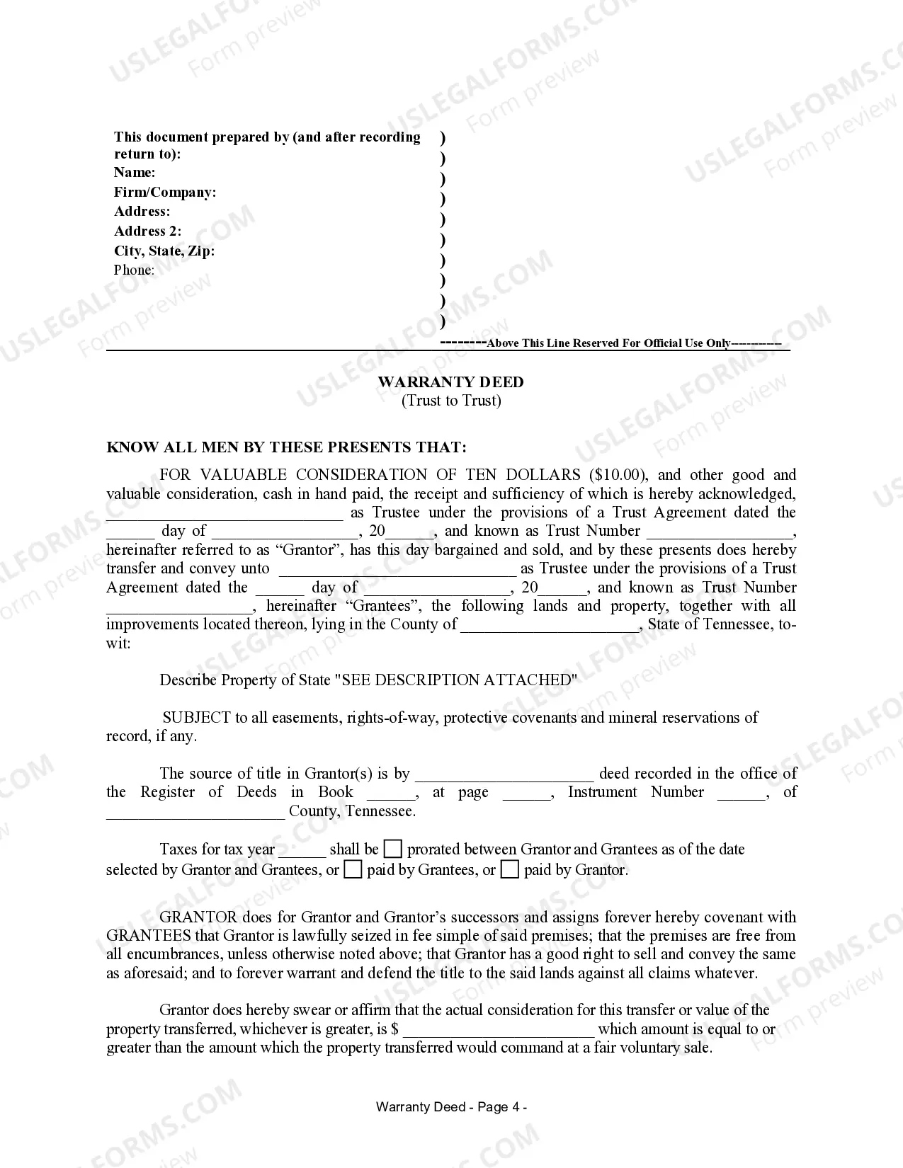 Preview Warranty Deed for Trust to Trust
