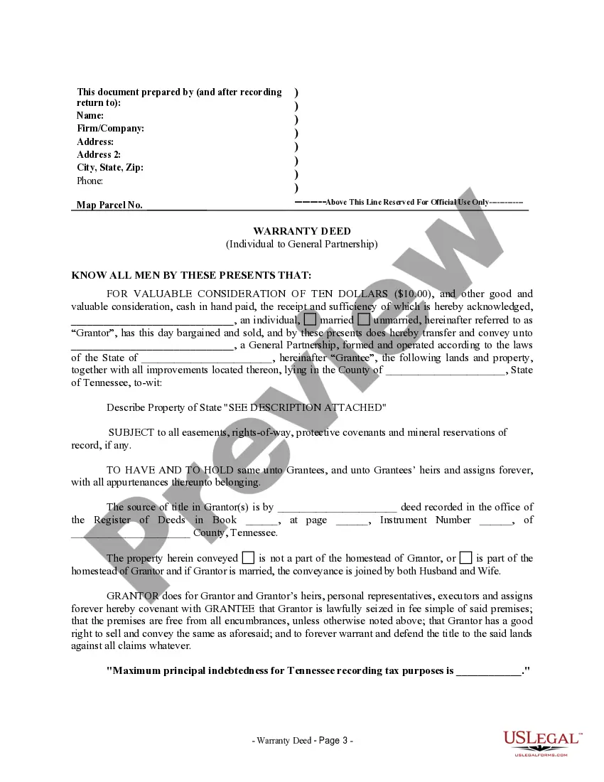 Preview Warranty Deed for Individual to General Partnership