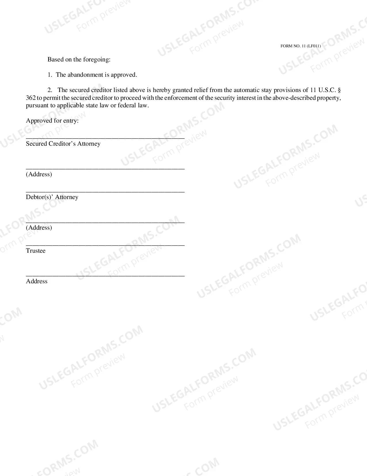 Preview AGREED ORDER GRANTING RELIEF FROM THE AUTOMATIC STAY AND ABANDONING PROPERTY