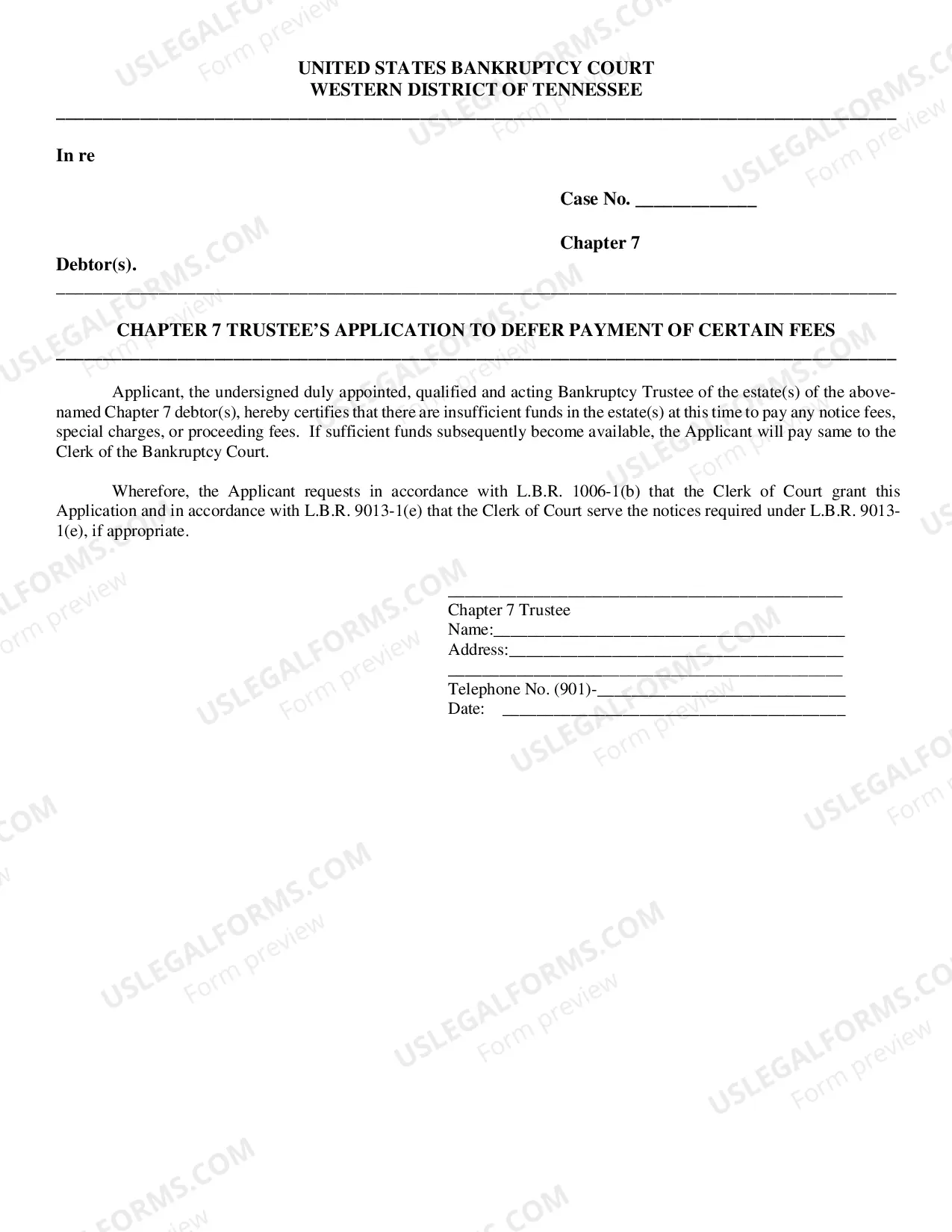 Preview CHAPTER 7 TRUSTEE'S APPLICATION TO DEFER PAYMENT of CERTAIN FEES