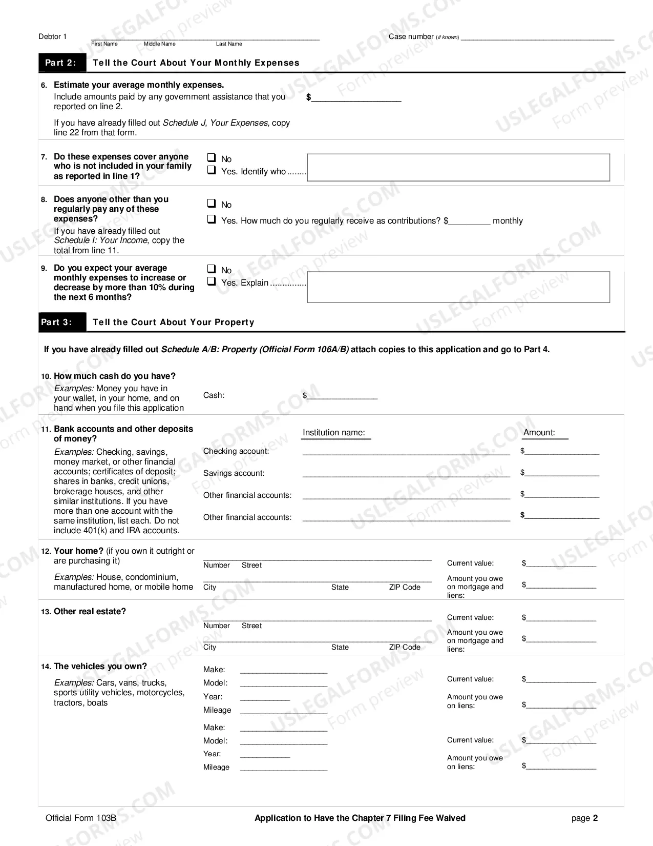 Preview APPLICATION TO HAVE THE CHAPTER 7 FILING FEE WAIVED