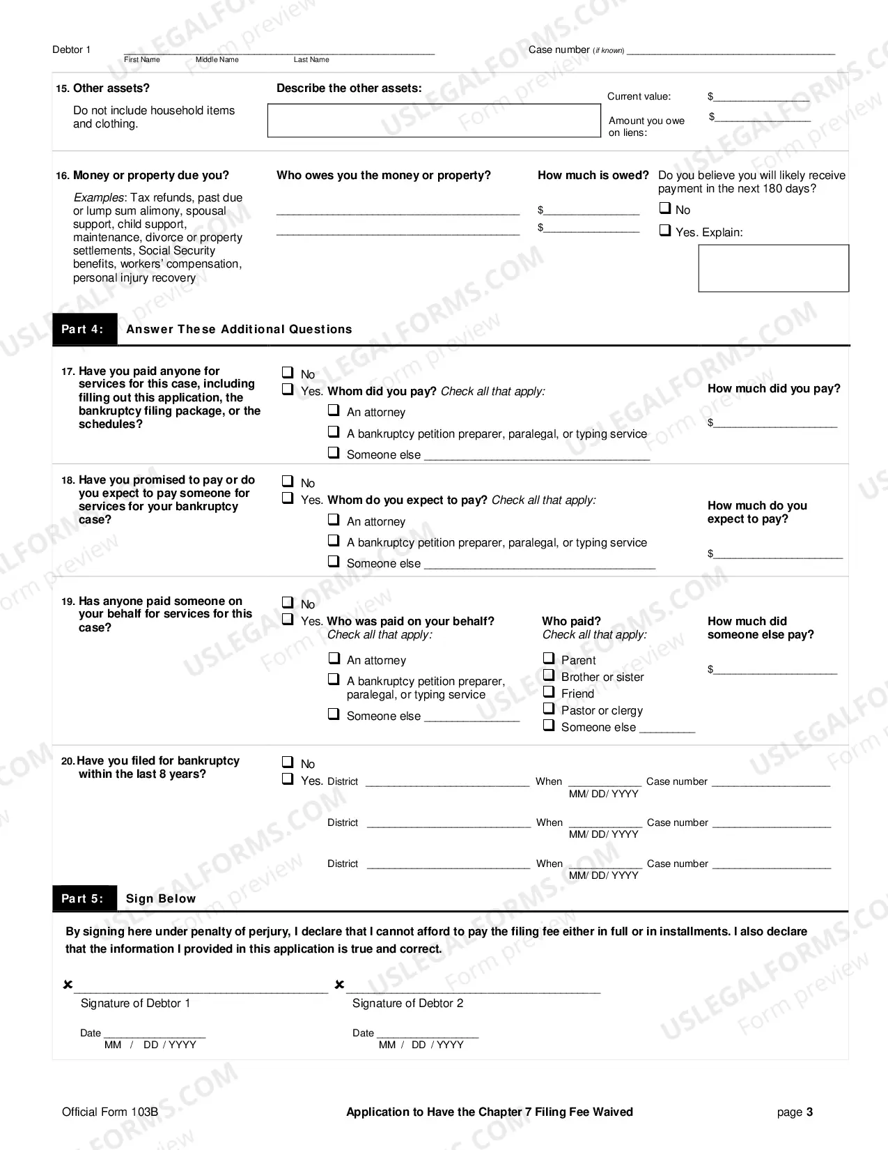 Preview APPLICATION TO HAVE THE CHAPTER 7 FILING FEE WAIVED