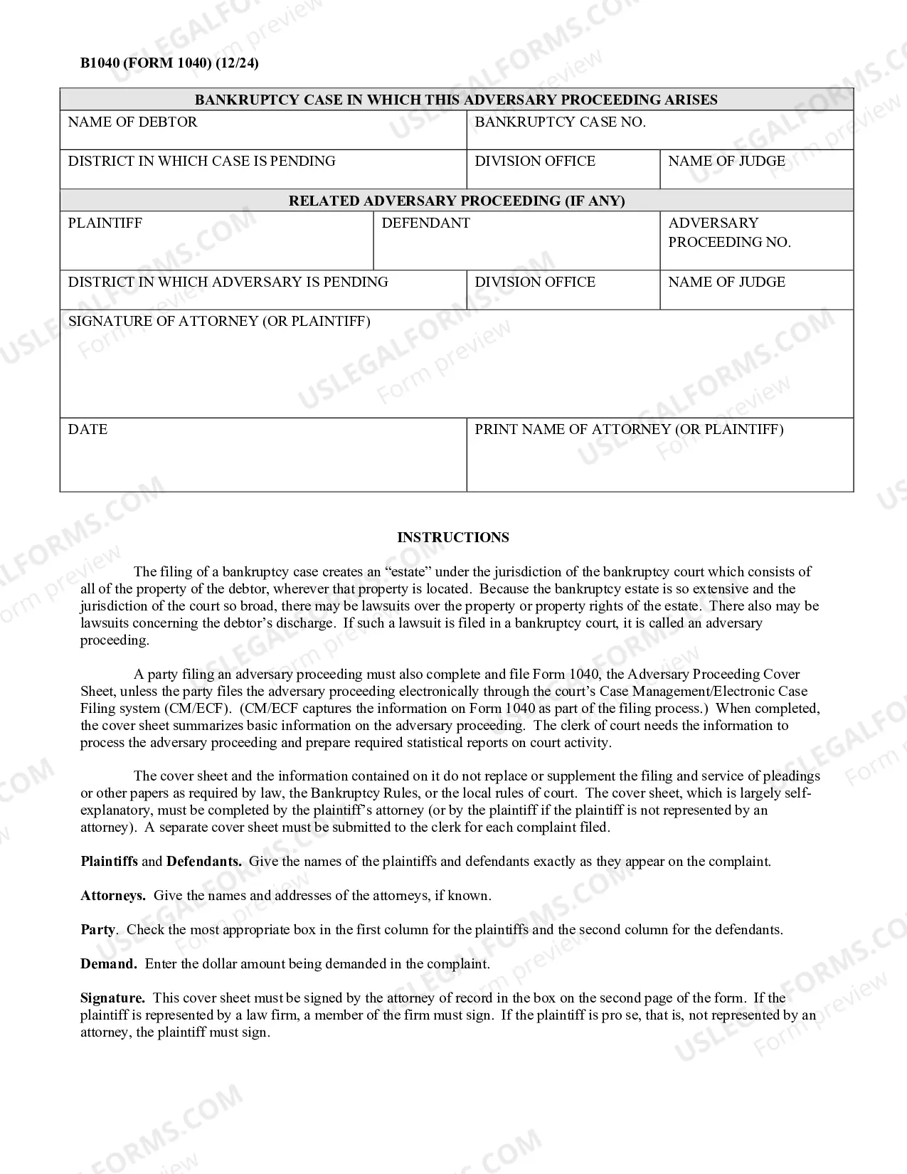 Preview ADVERSARY PROCEEDING COVER SHEET