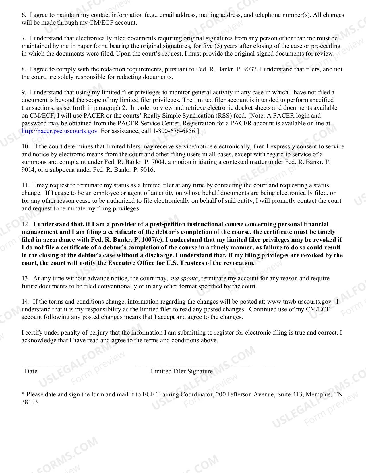Preview CASE MANAGEMENT / ELECTRONIC CASE FILES (CM/ECF) SYSTEM LIMITED FILER PRIVILEGES REGISTRATION FORM