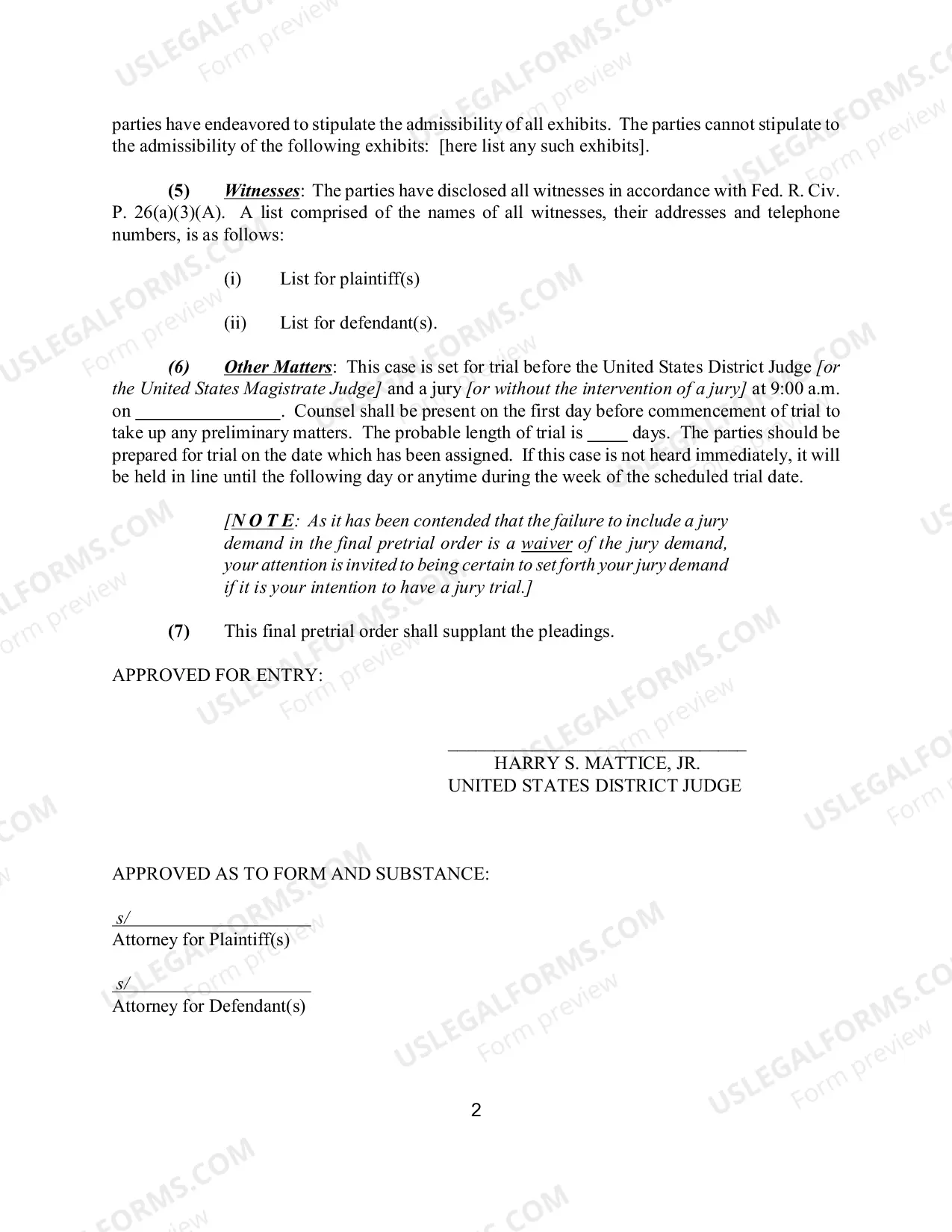 Preview Final Pretrial Order - Judge Mattice