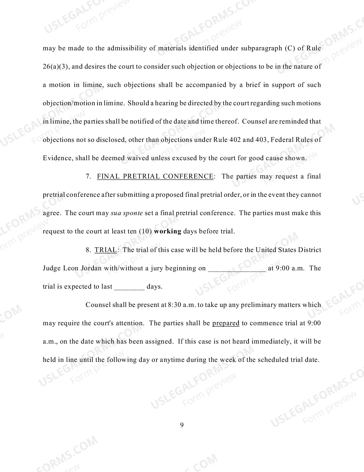 Preview Scheduling Order (Civil) - Judge Jordan