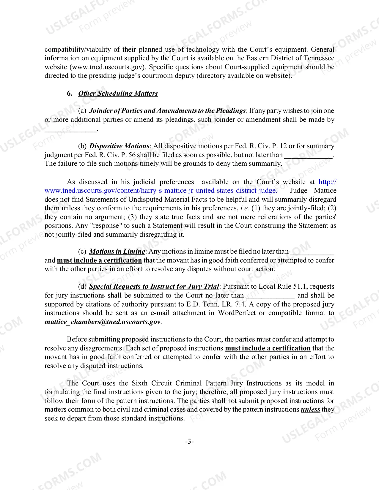 Preview Scheduling Order (Civil) - Judge Mattice