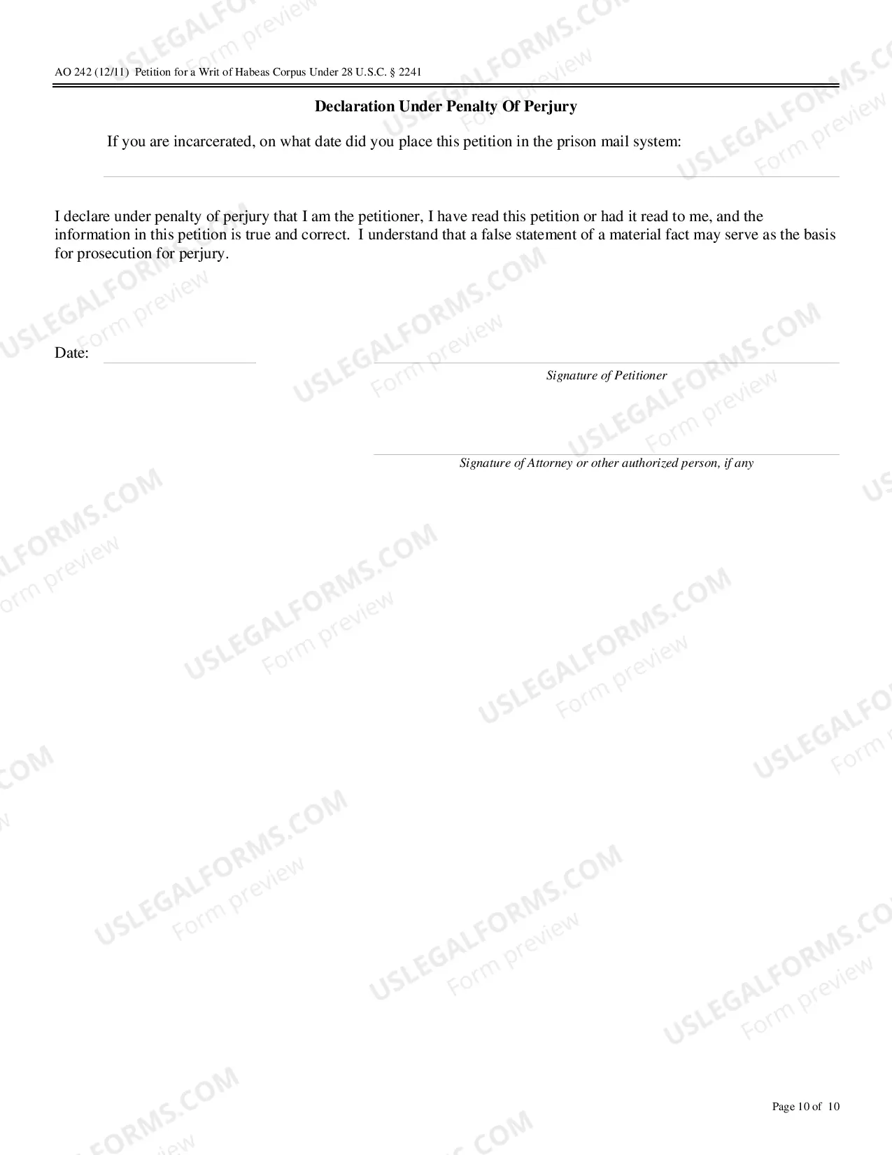 Preview 28 USC Section 2241 Petition for Writ of Habeas Corpus (not challenging a conviction or sentence)