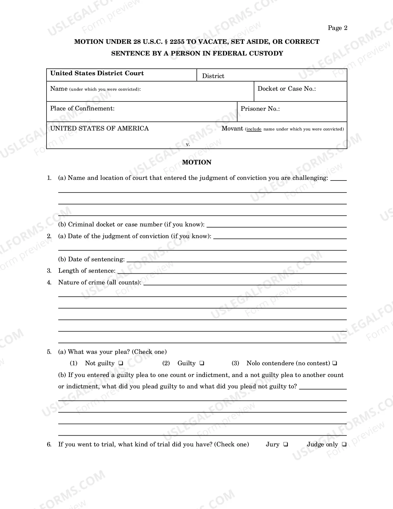 Preview 28 USC Section 2255 Motion to Vacate, Set Aside, or Correct Sentence by a Person in Federal Custody