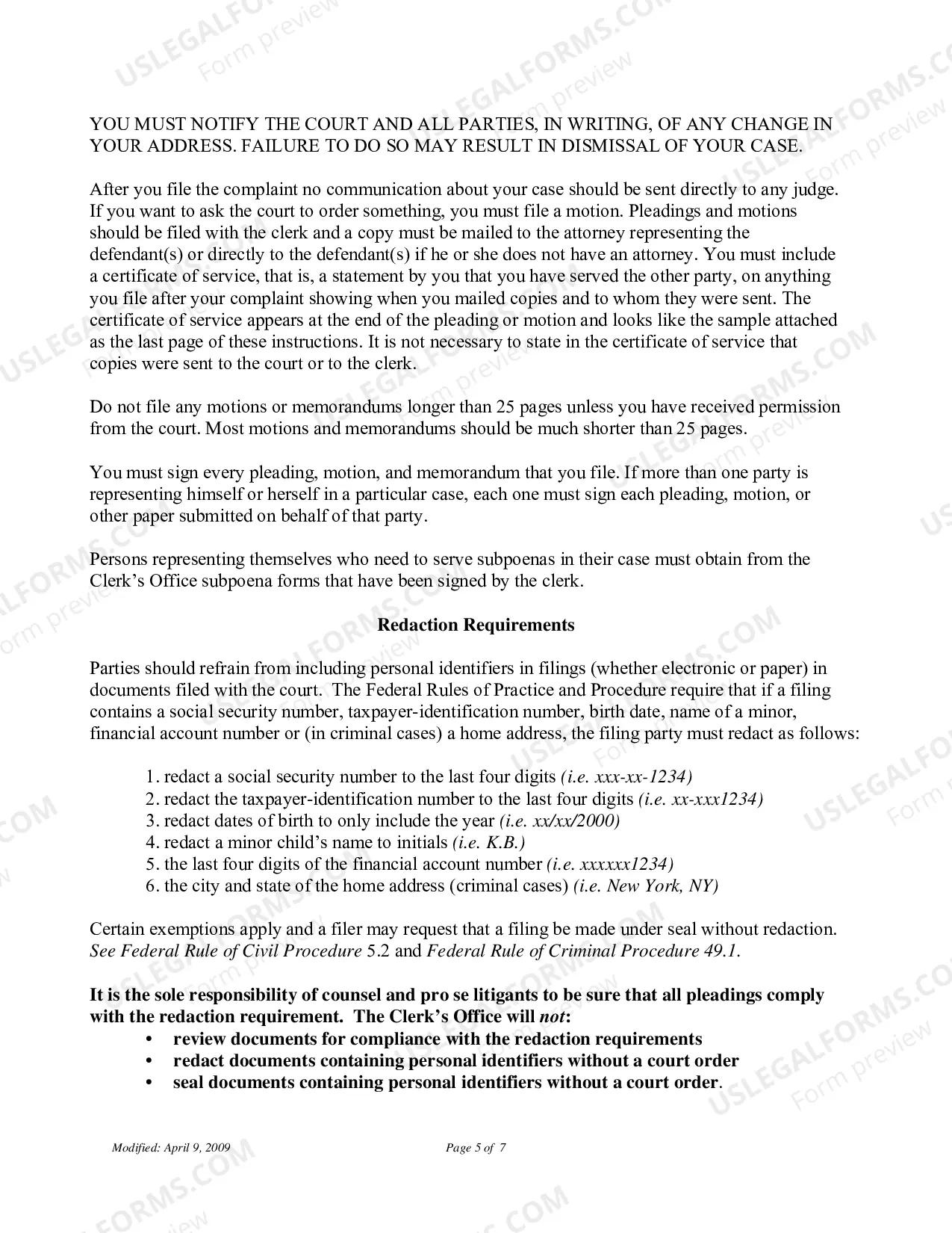 Preview Instructions for Filing a Civil Action (Pro Se)