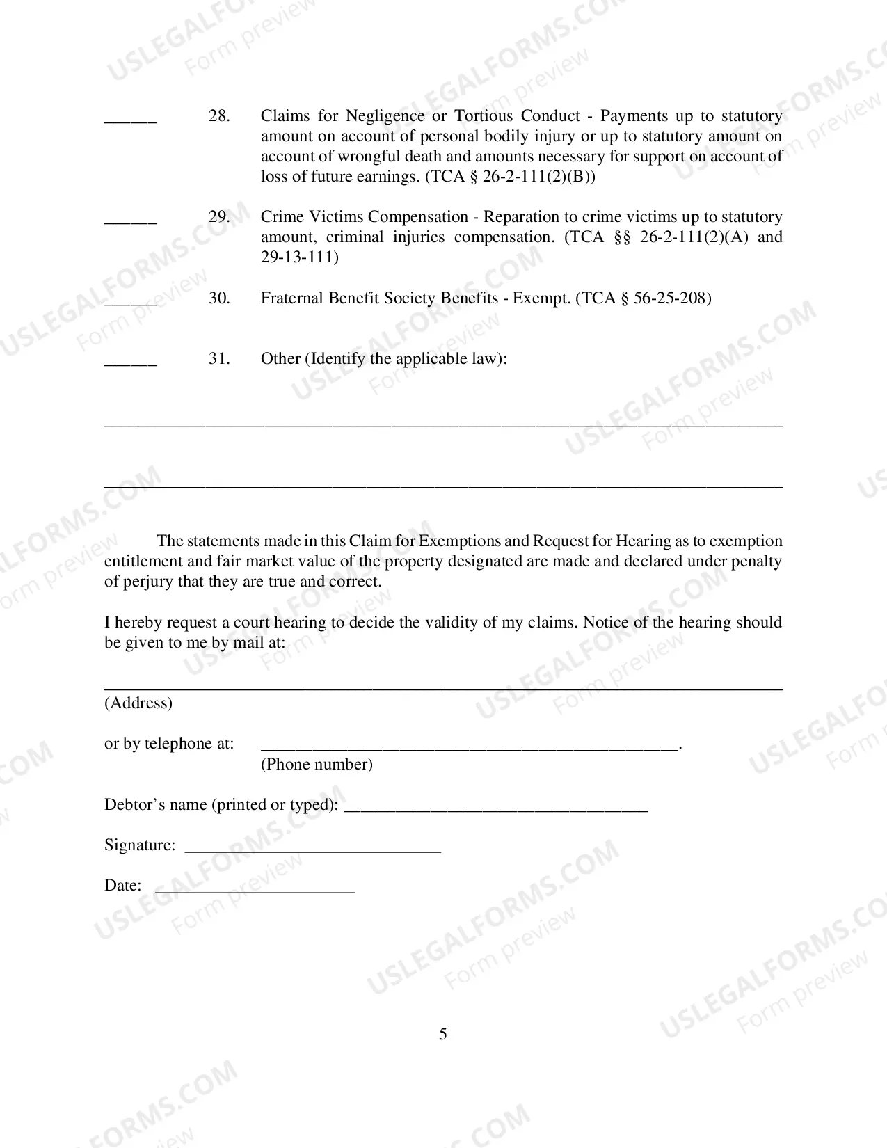 Preview Claim for Exemptions