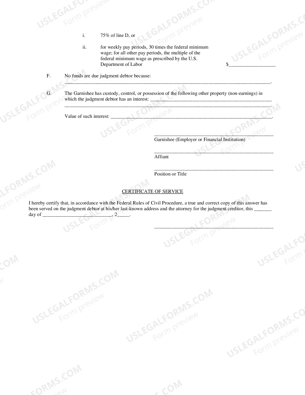 Preview Continuing Garnishment Answer