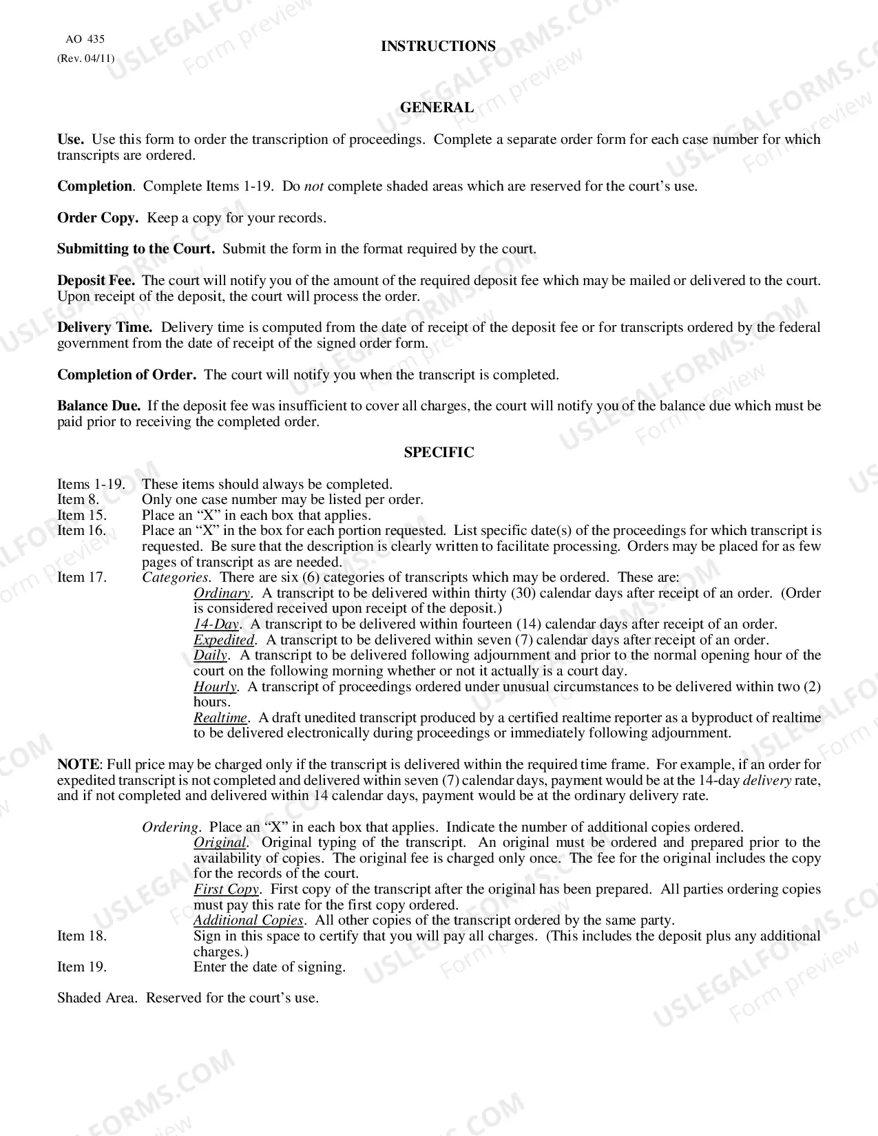 Preview Transcript Order Form for Courtroom Audio (not for use by CJA attorneys)(AO-435)