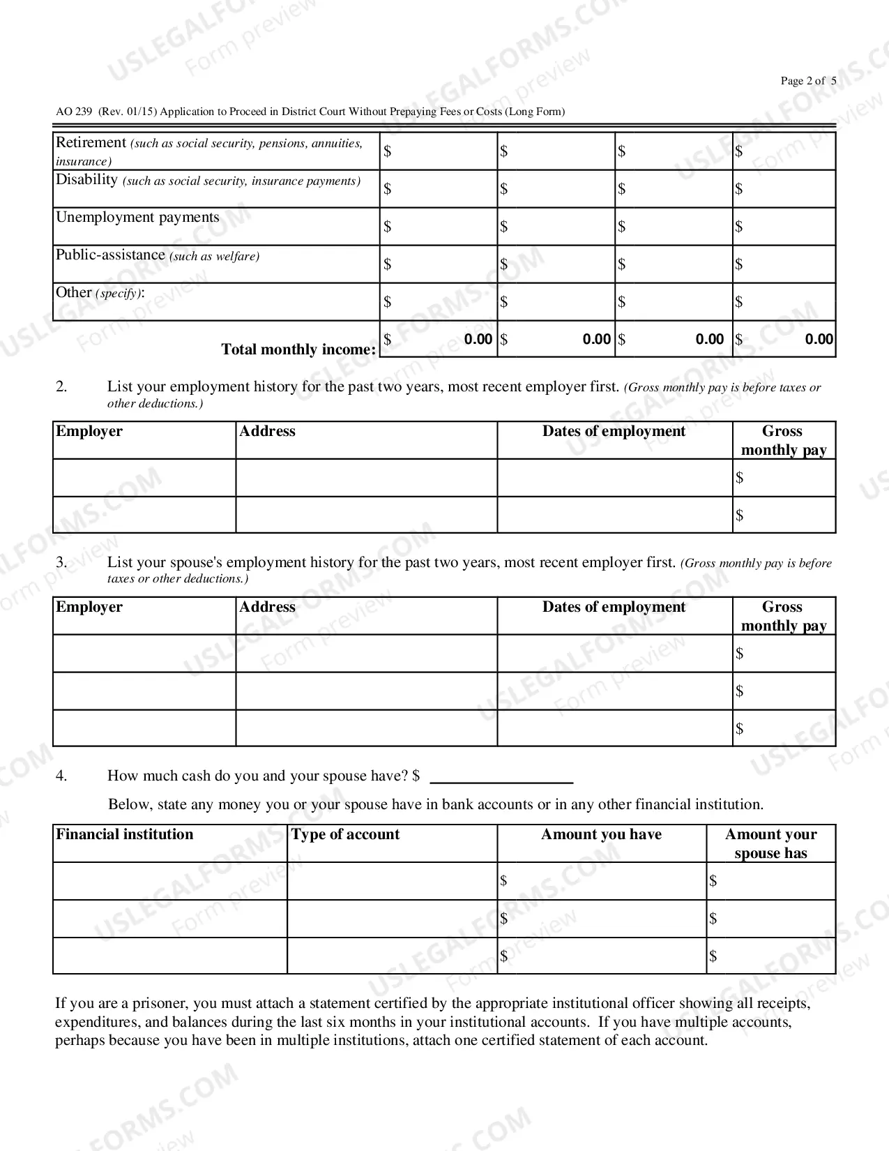 Preview Application To Proceed In District Court Without Prepaying Fees Or Costs (Long Form)