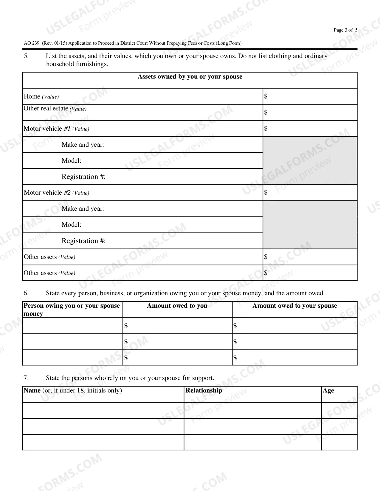 Preview Application To Proceed In District Court Without Prepaying Fees Or Costs (Long Form)