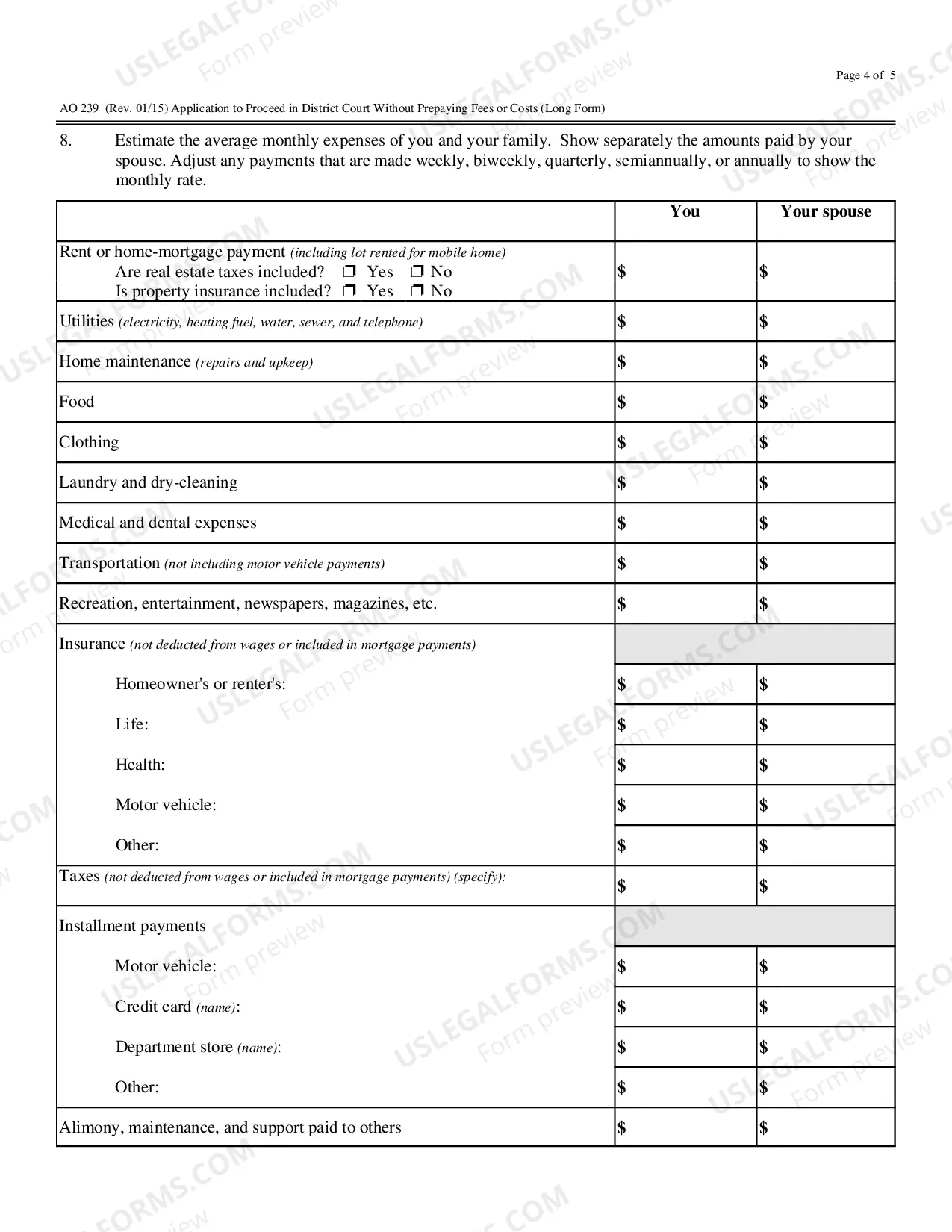 Preview Application To Proceed In District Court Without Prepaying Fees Or Costs (Long Form)