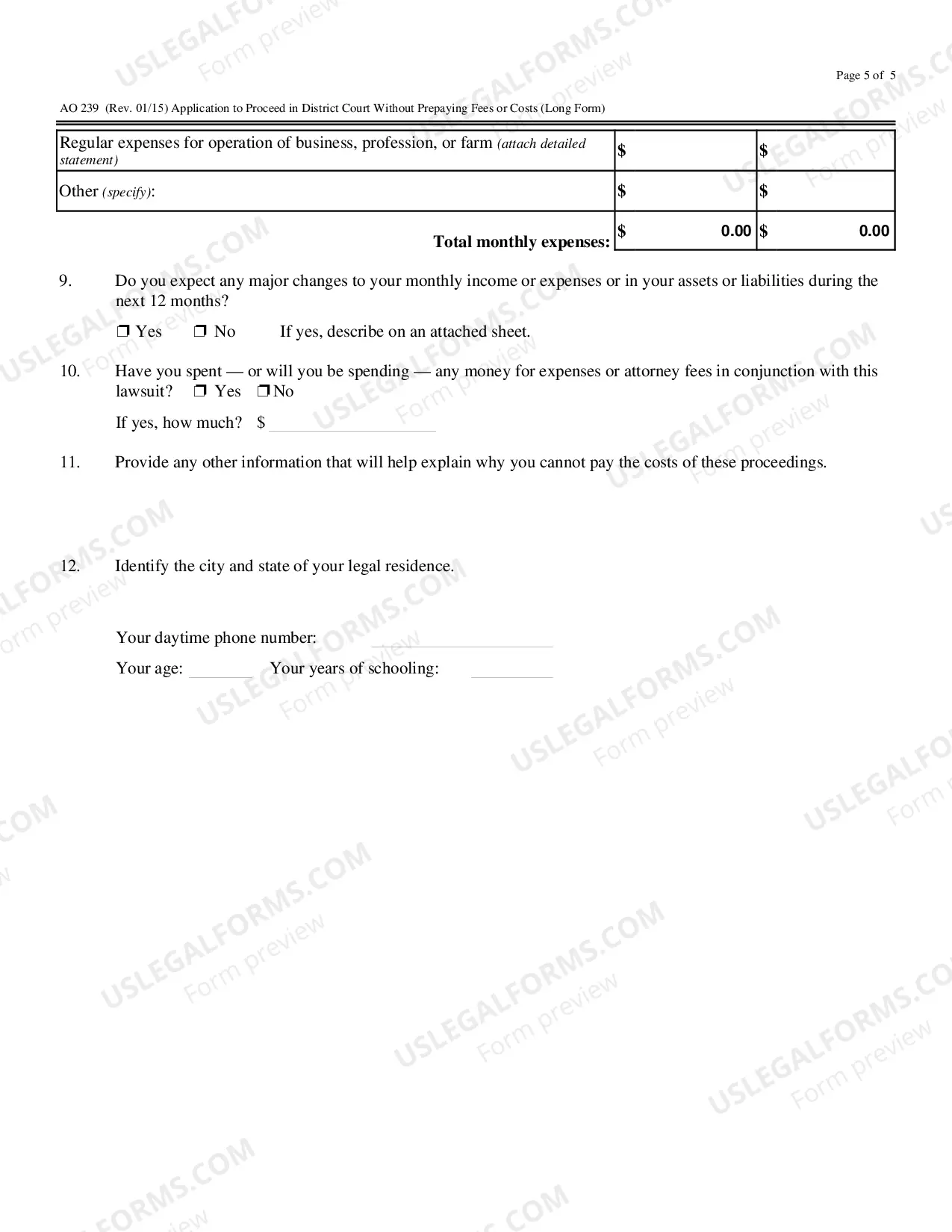 Preview Application To Proceed In District Court Without Prepaying Fees Or Costs (Long Form)