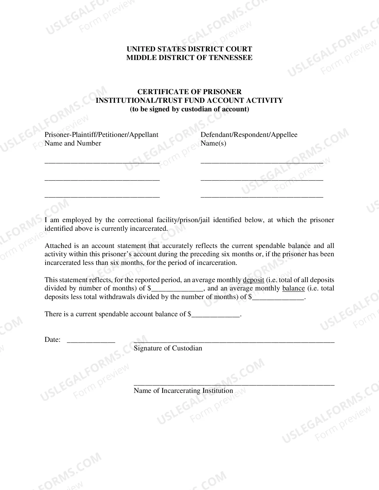 Preview Application to Proceed in District Court Without Prepaying Fees or Costs (Short Form, Prisoners Only)