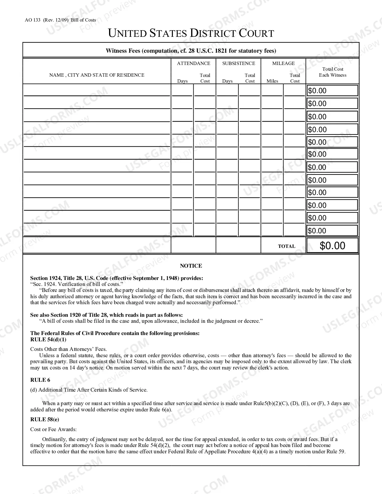 Preview Bill of Costs