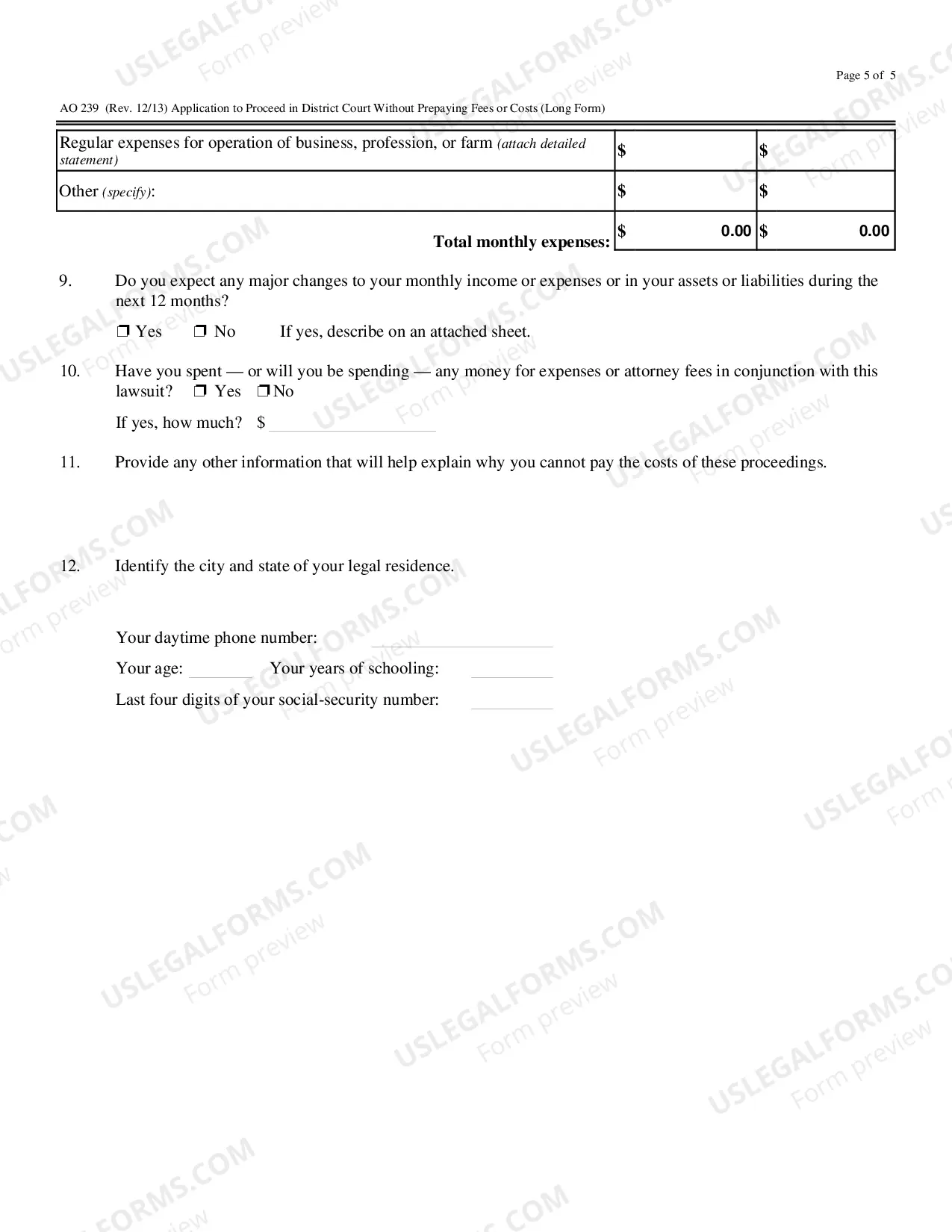 Preview Application to Proceed Without Prepaying Fees or Costs - For Non-Prisoners (AO 239) -Fillable