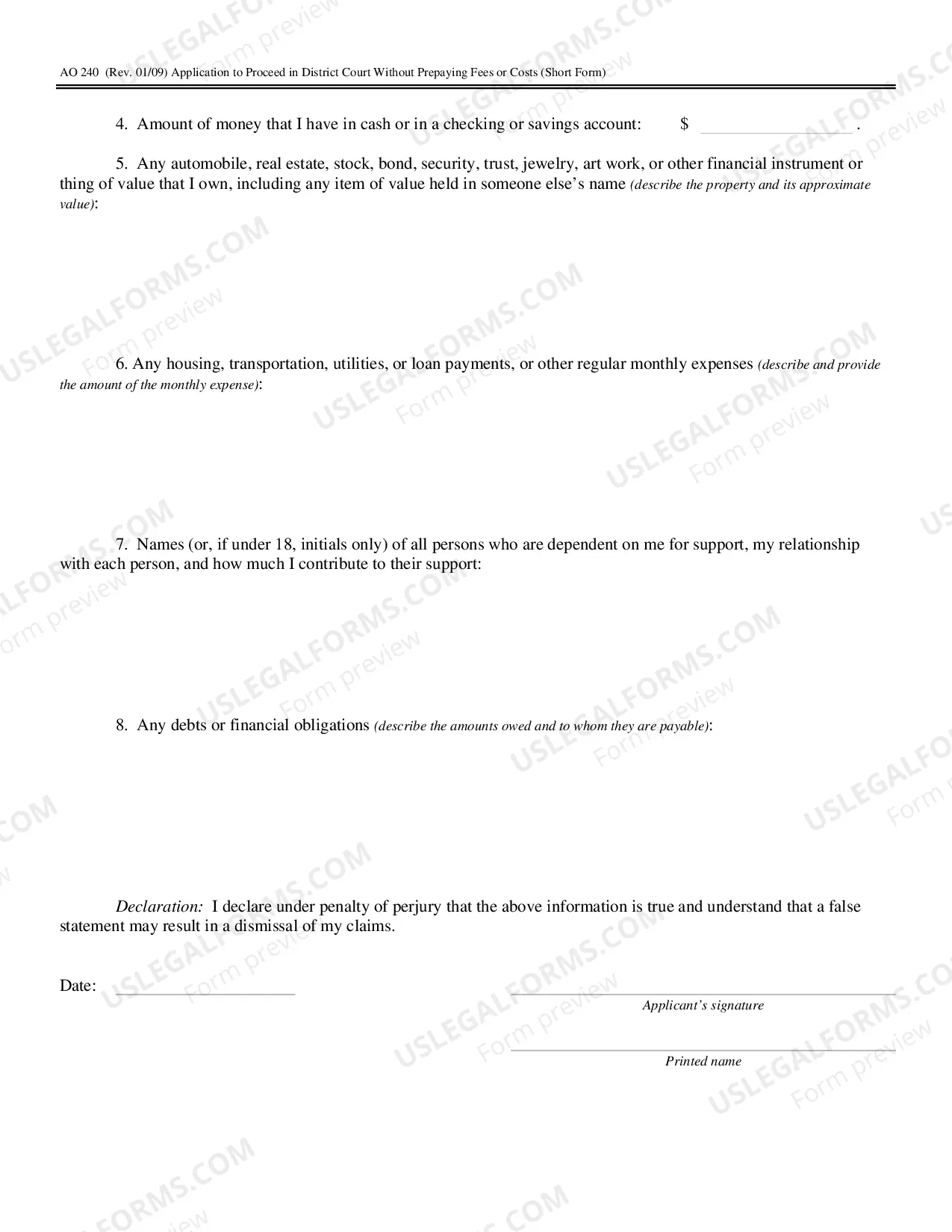 Preview Application to Proceed Without Prepaying Fees or Costs - For Prisoners (AO 240)