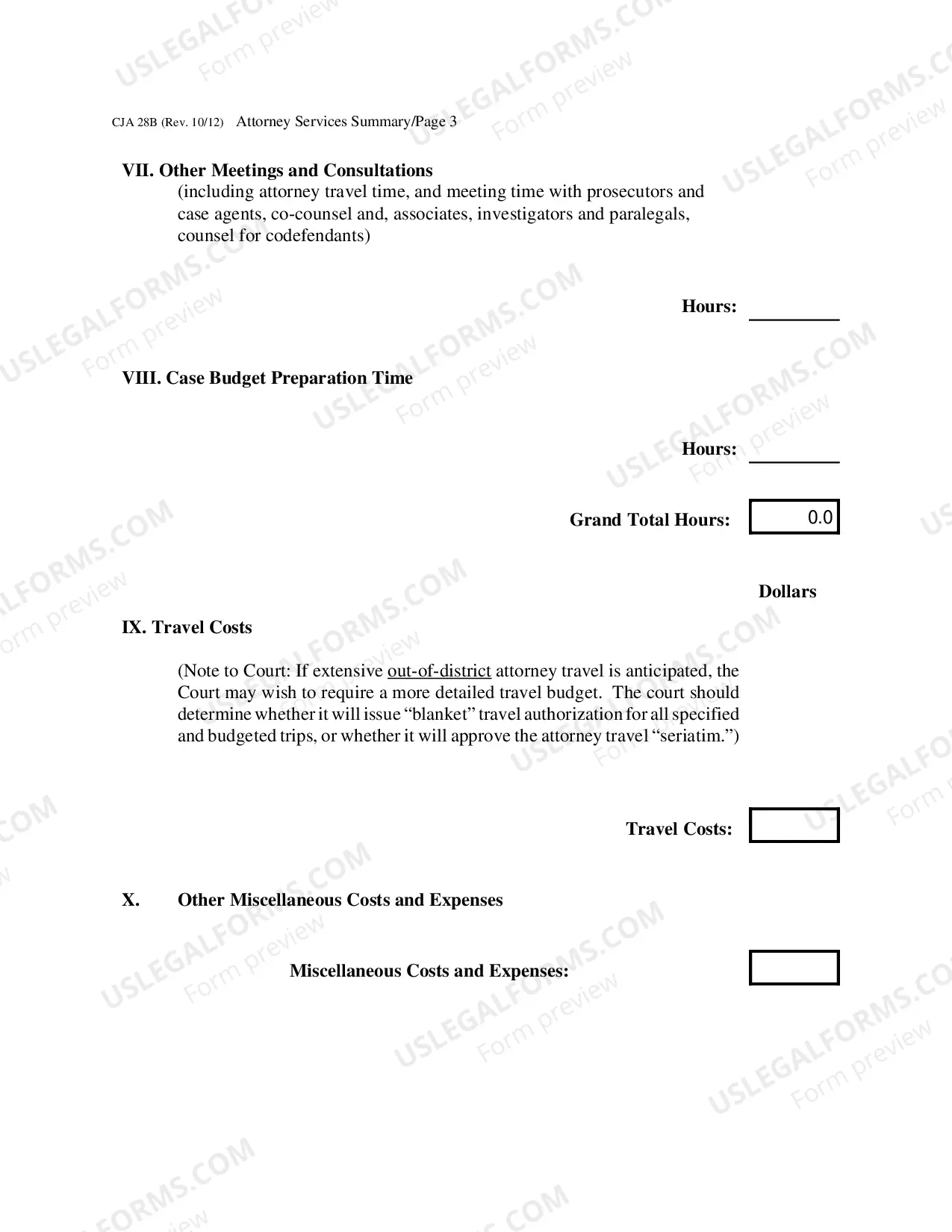 Preview CJA 28B - Attorney Services Summary Budget Worksheet