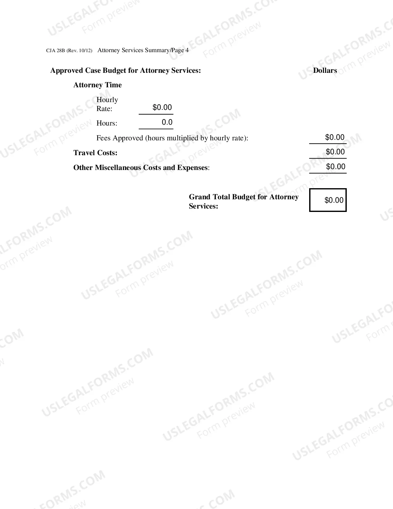 Preview CJA 28B - Attorney Services Summary Budget Worksheet