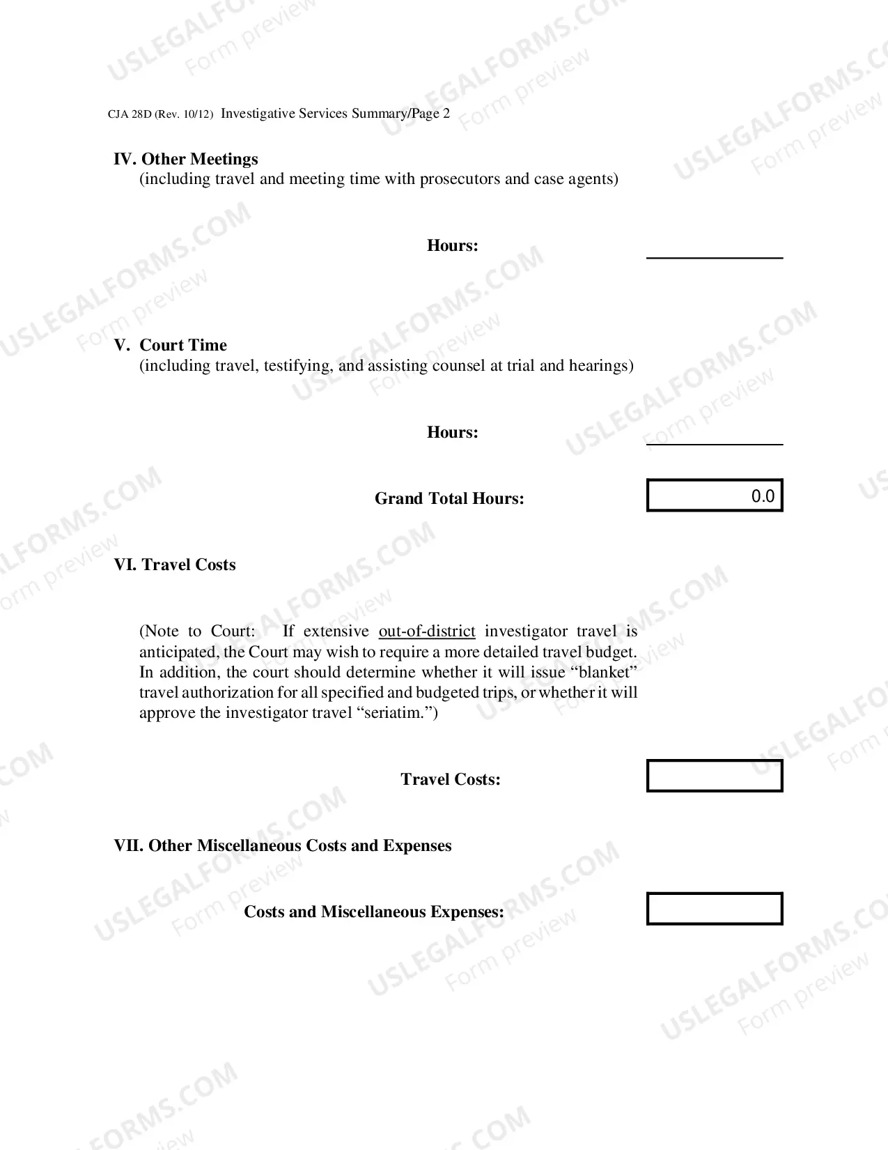 Preview CJA 28D - Investigative Services Summary Budget Worksheet