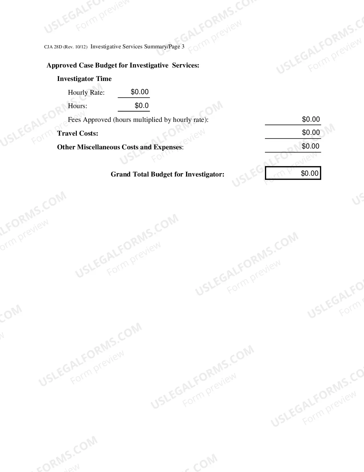 Preview CJA 28D - Investigative Services Summary Budget Worksheet