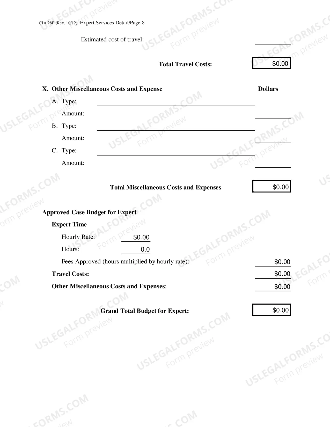 Preview CJA 28E - Expert Services Detailed Budget Worksheet