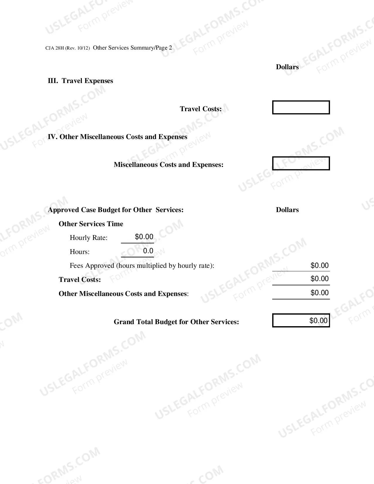 Preview CJA 28H - Other Services Summary Budget Worksheet