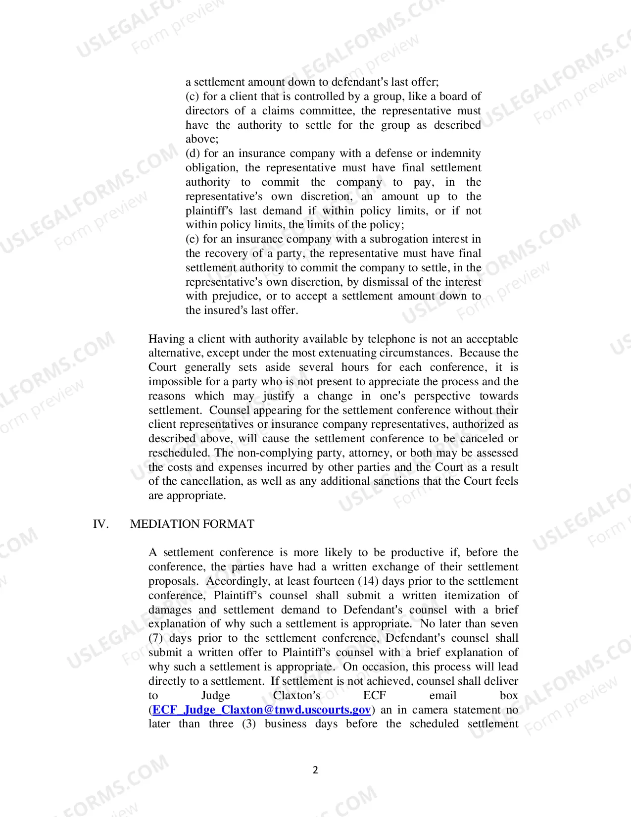 Preview Judge Claxton's Instructions Concerning Settlement Conferences