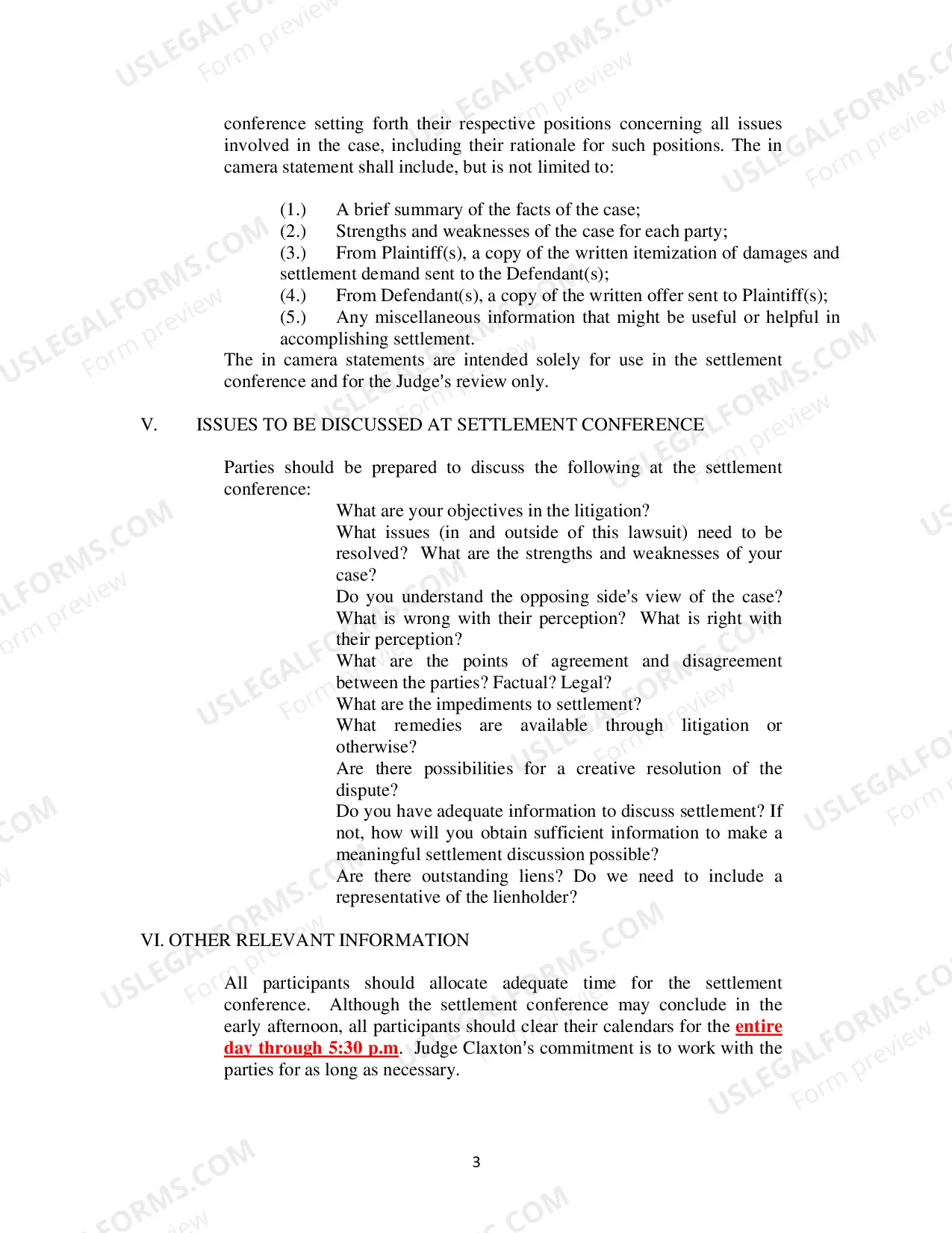 Preview Judge Claxton's Instructions Concerning Settlement Conferences